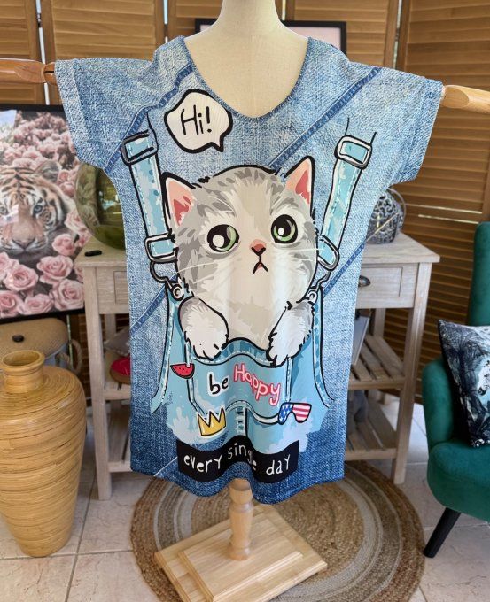 Robe mi-longue effet jeans délavé chat Be Happy Every Single Day du 42 au 50/52