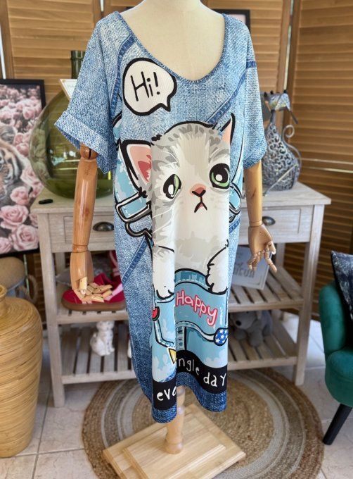 Robe mi-longue effet jeans délavé chat Be Happy Every Single Day du 42 au 50/52