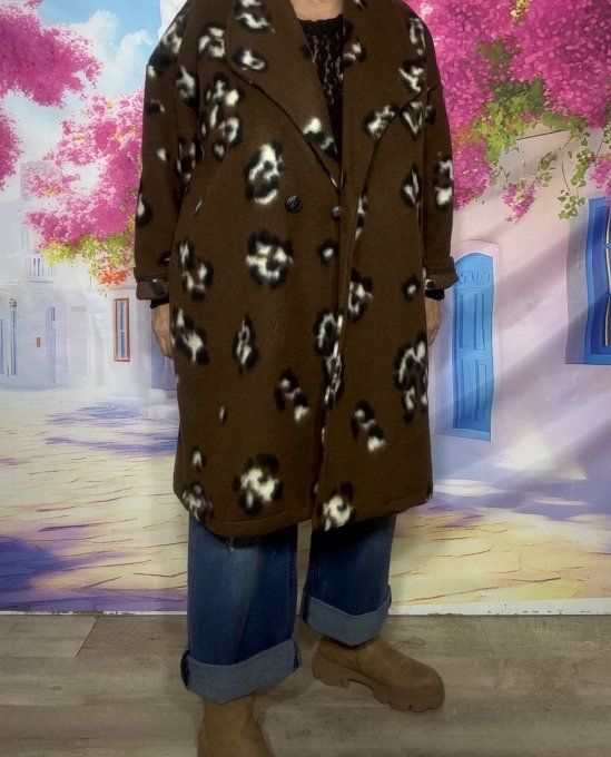 Manteau mi-long oversize polaire Chocolat et Léopard du 42 au 52 et même +