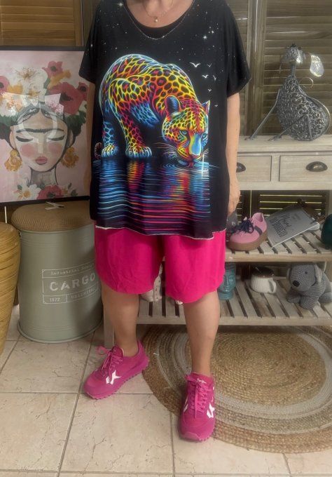 Top fin ample noir La Majestueuse Panthère multicolore du 40 au 52 