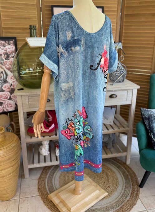 Robe mi-longue effet jeans délavé Viva Frida Kahlo du 42 au 50/52