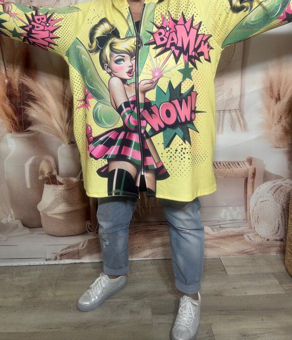 Gilet à capuche oversize jaune anisé La Fée Clochette Pinup du 42 au 56 et même + 
