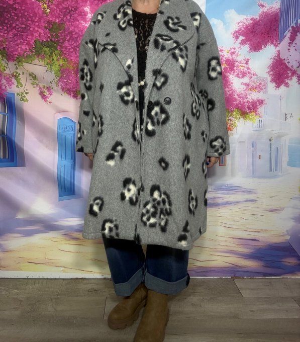 Manteau mi-long oversize polaire gris perle et Léopard du 42 au 52 et même +