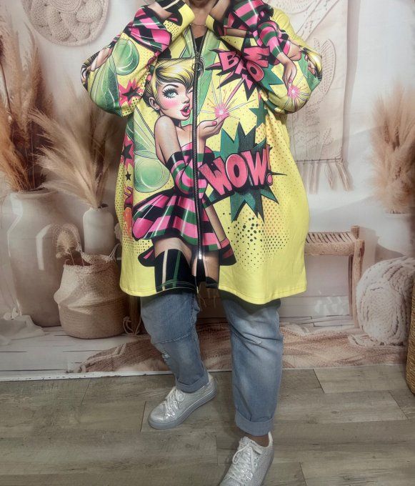 Gilet à capuche oversize jaune anisé La Fée Clochette Pinup du 42 au 56 et même + 