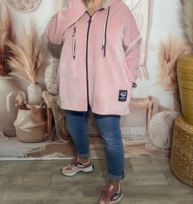 Gilet à capuche velours rayé rose poudré doublé confort ++++ du 40 au 52 