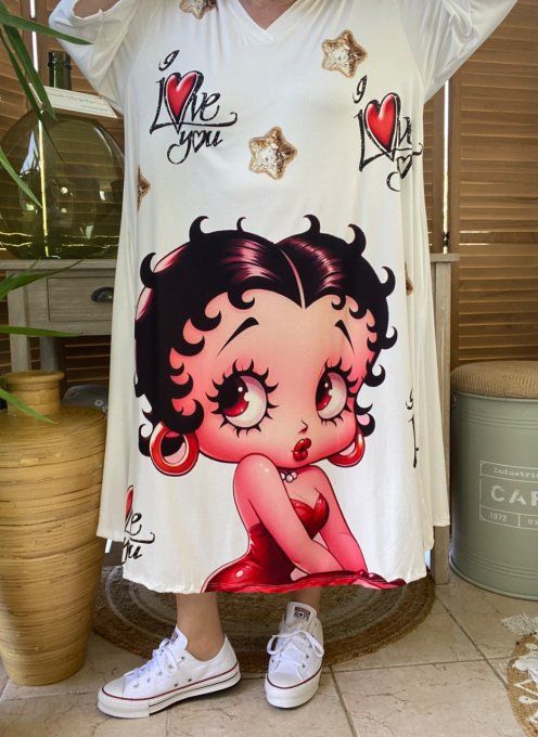 Robe trapèze longue ample blanche Betty Boop I Love You du 42 au 54/56 et + 