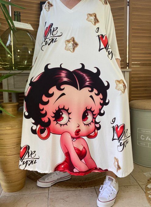 Robe trapèze longue ample blanche Betty Boop I Love You du 42 au 54/56 et + 