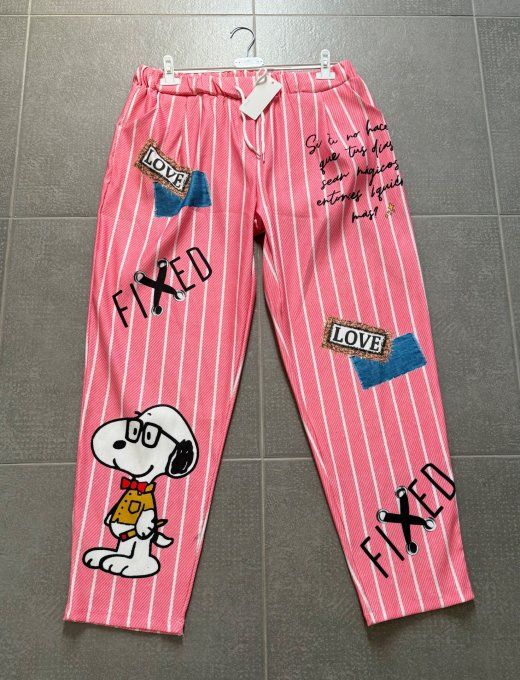 Panta-jogg aspect jeans rose bonbon rayé blanc Snoopy stretch +++ du 38 au 48/50