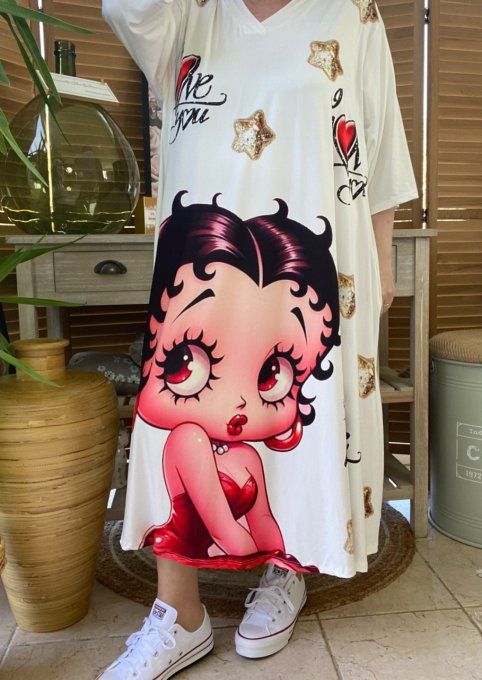 Robe trapèze longue ample blanche Betty Boop I Love You du 42 au 54/56 et + 