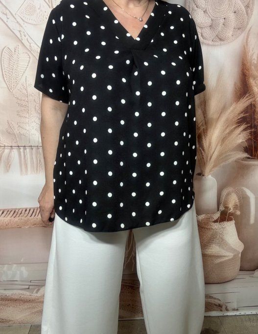 Blouse trapèze noire pois blancs manches courtes col V du 38 au 48