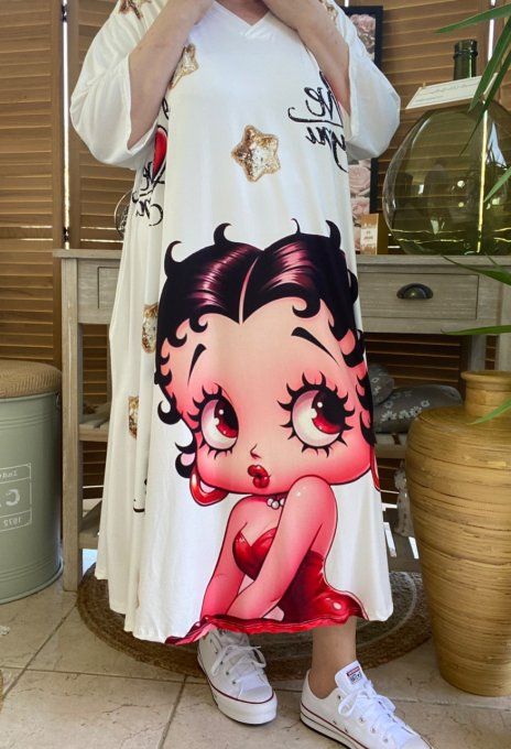 Robe trapèze longue ample blanche Betty Boop I Love You du 42 au 54/56 et + 