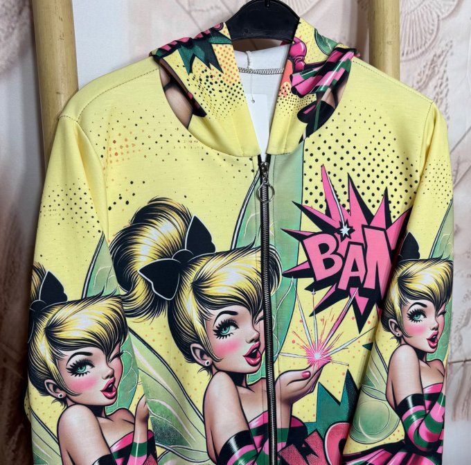 Gilet à capuche oversize jaune anisé La Fée Clochette Pinup du 42 au 56 et même + 