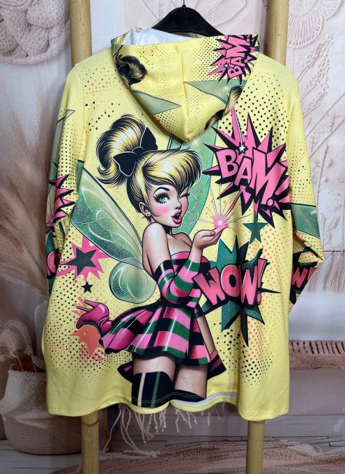 Gilet à capuche oversize jaune anisé La Fée Clochette Pinup du 42 au 56 et même + 