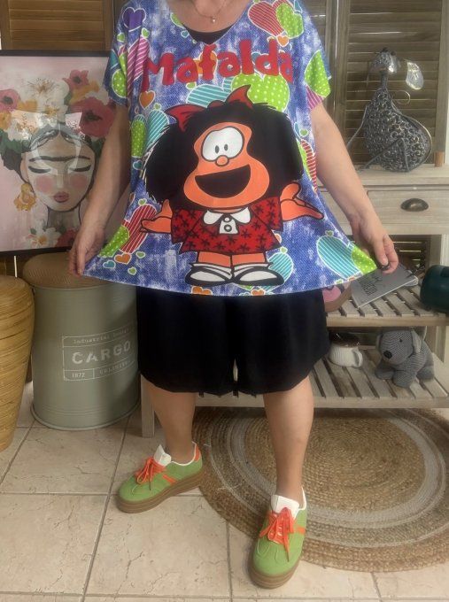 Top fin ample effet jeans délavé coeurs multicolores Mafalda  du 40 au 52  