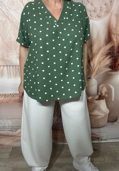 Blouse trapèze Kaki pois blancs manches courtes col V du 38 au 48 