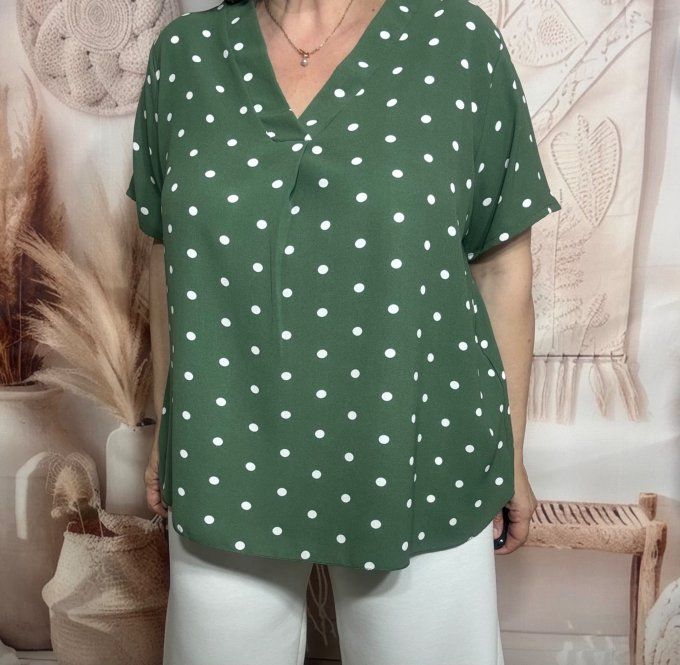 Blouse trapèze Kaki pois blancs manches courtes col V du 38 au 48 