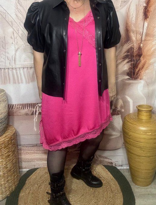 Robe nuisette asymétrique satinée Rose Fuschia et dentelle du 36 au 46