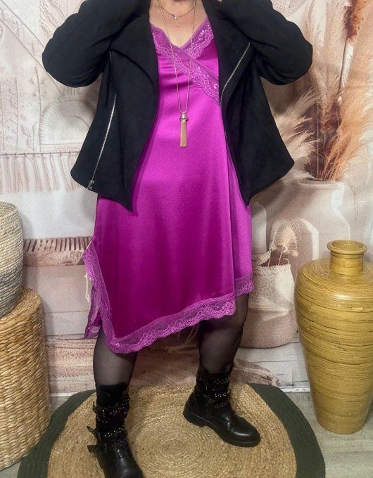 Robe nuisette asymétrique satinée Bougainvilliers et dentelle du 36 au 46