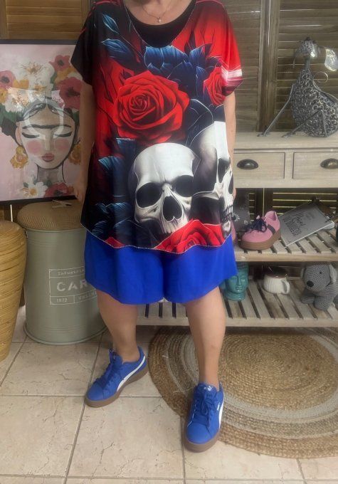 Top fin ample noir Duo de Skulls & Red Roses du 40 au 52 