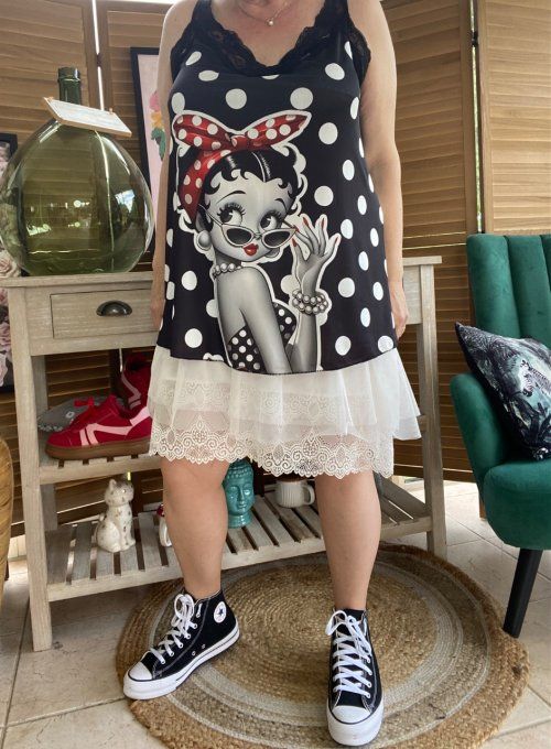 Caraco Débardeur Top trapèze satiné mat & dentelle pois blancs Betty Boop chic du 40 au 52   