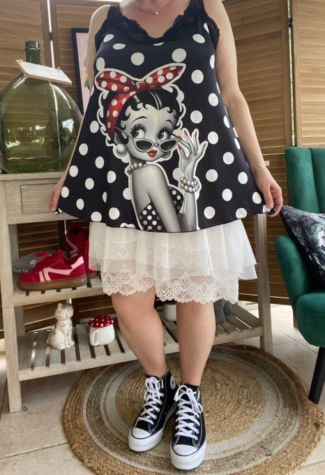 Caraco Débardeur Top trapèze satiné mat & dentelle pois blancs Betty Boop chic du 40 au 52   