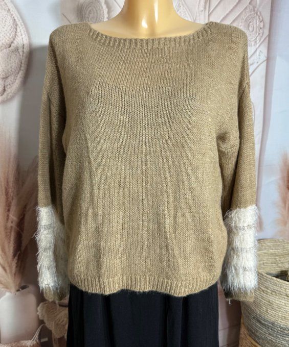 pull court taupe col bateau poignets duveteux douceur +++ du 34 au 40/42  