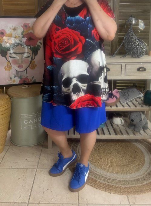 Top fin ample noir Duo de Skulls & Red Roses du 40 au 52 