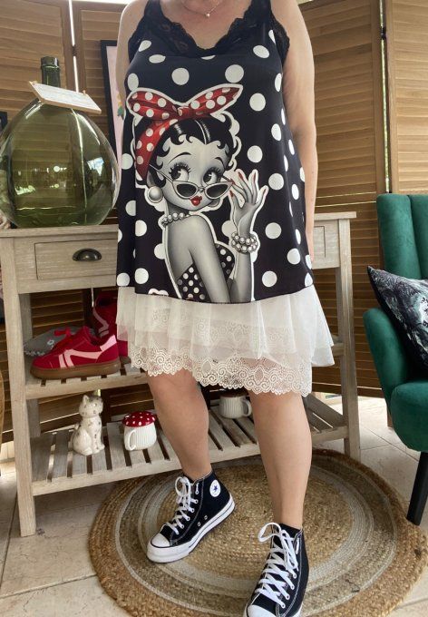 Caraco Débardeur Top trapèze satiné mat & dentelle pois blancs Betty Boop chic du 40 au 52   