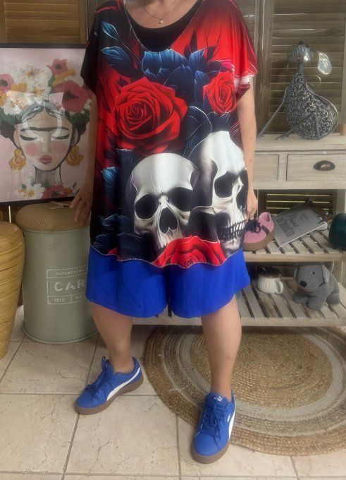 Top fin ample noir Duo de Skulls & Red Roses du 40 au 52 