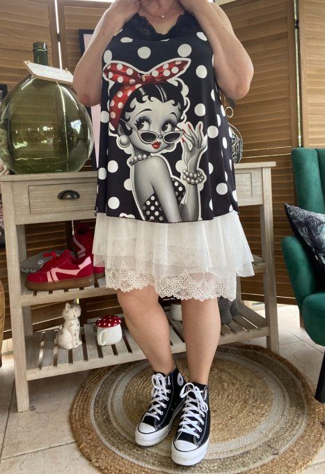 Caraco Débardeur Top trapèze satiné mat & dentelle pois blancs Betty Boop chic du 40 au 52   