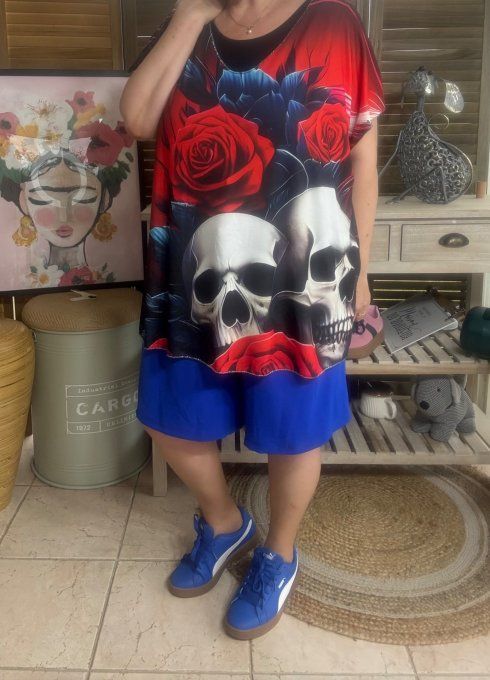 Top fin ample noir Duo de Skulls & Red Roses du 40 au 52 