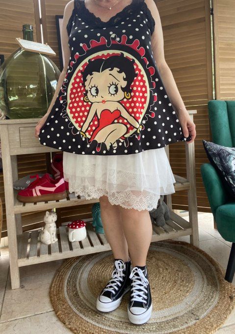 Caraco Débardeur Top trapèze satiné mat & dentelle pois blancs Betty Boop du 40 au 52  