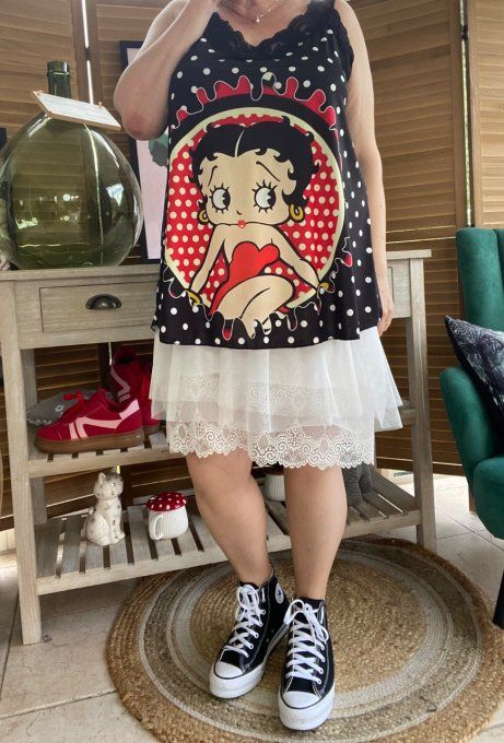Caraco Débardeur Top trapèze satiné mat & dentelle pois blancs Betty Boop du 40 au 52  