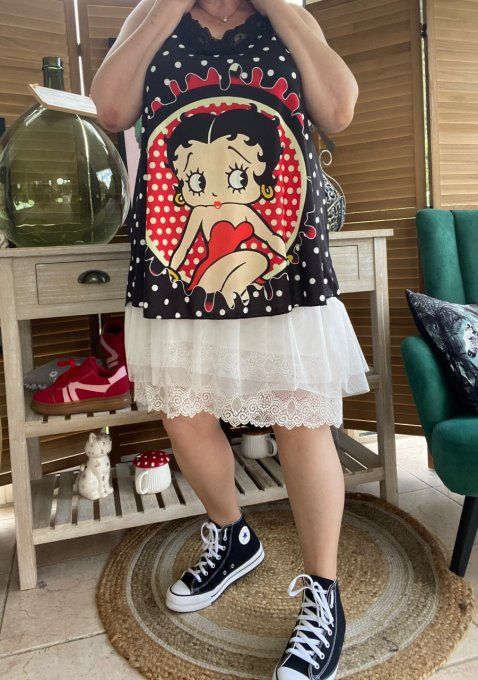 Caraco Débardeur Top trapèze satiné mat & dentelle pois blancs Betty Boop du 40 au 52  