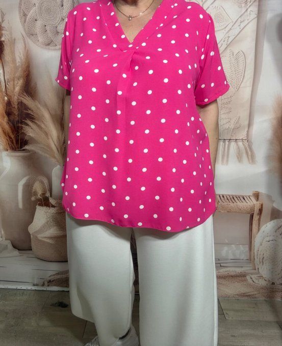 Blouse trapèze Fuschia pois blancs manches courtes col V du 38 au 48 