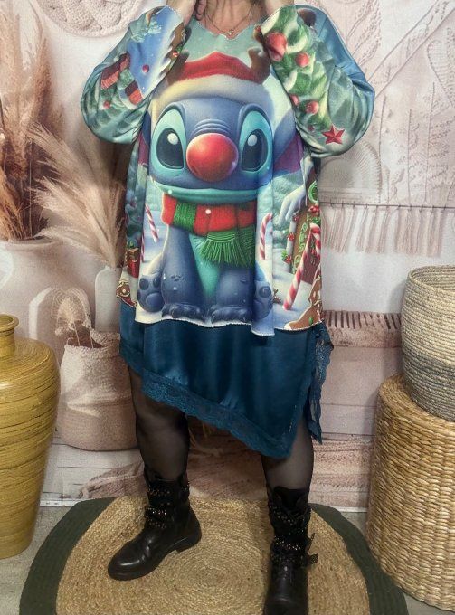 Top manches longues multicolore Stitch Renne de Noël doublé fine polaire du 40 au 54/56 