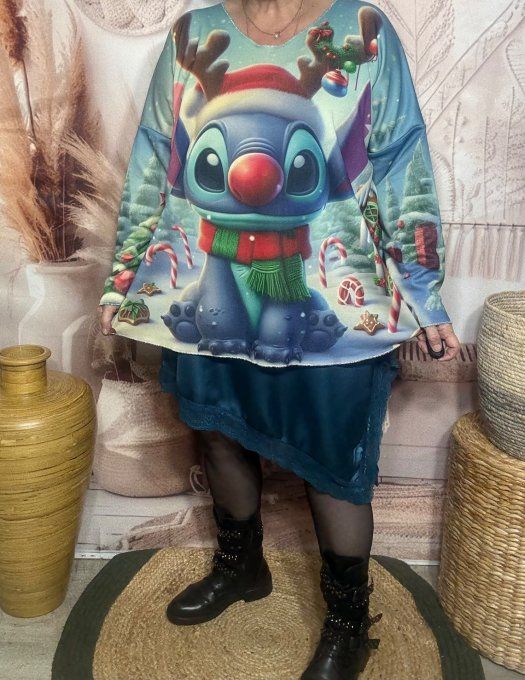 Top manches longues multicolore Stitch Renne de Noël doublé fine polaire du 40 au 54/56 