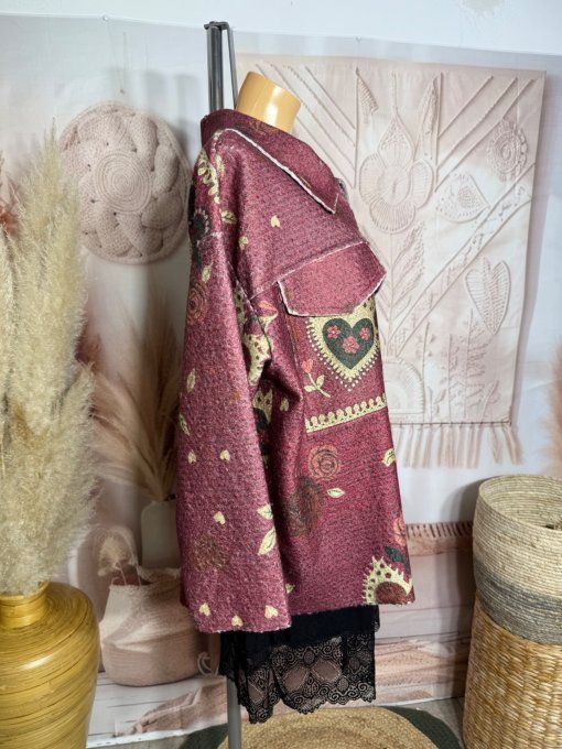 Blouson ou surchemise prune aspect laine Mexican Skulls Calaveras du 40 au 50/52 et même +  