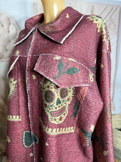 Blouson ou surchemise prune aspect laine Mexican Skulls Calaveras du 40 au 50/52 et même +  