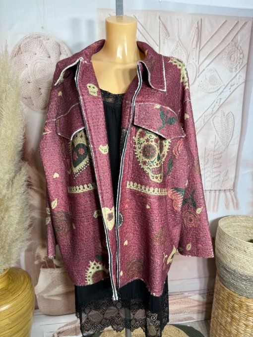 Blouson ou surchemise prune aspect laine Mexican Skulls Calaveras du 40 au 50/52 et même +  