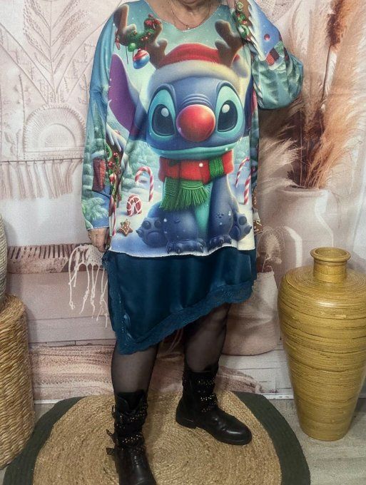 Top manches longues multicolore Stitch Renne de Noël doublé fine polaire du 40 au 54/56 