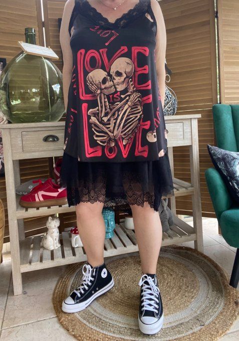 Caraco Débardeur Top trapèze satiné mat & dentelle Skulls in Love Skeleton du 40 au 52 