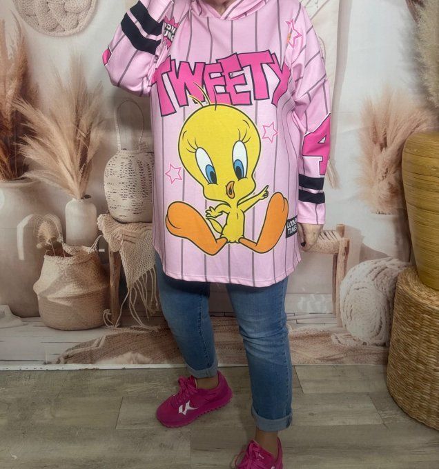 Sweat à capuche ample rose bébé rayé Tweety US Looney Tunes du 40 au 52/54