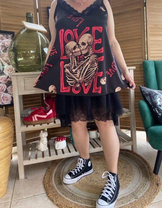 Caraco Débardeur Top trapèze satiné mat & dentelle Skulls in Love Skeleton du 40 au 52 