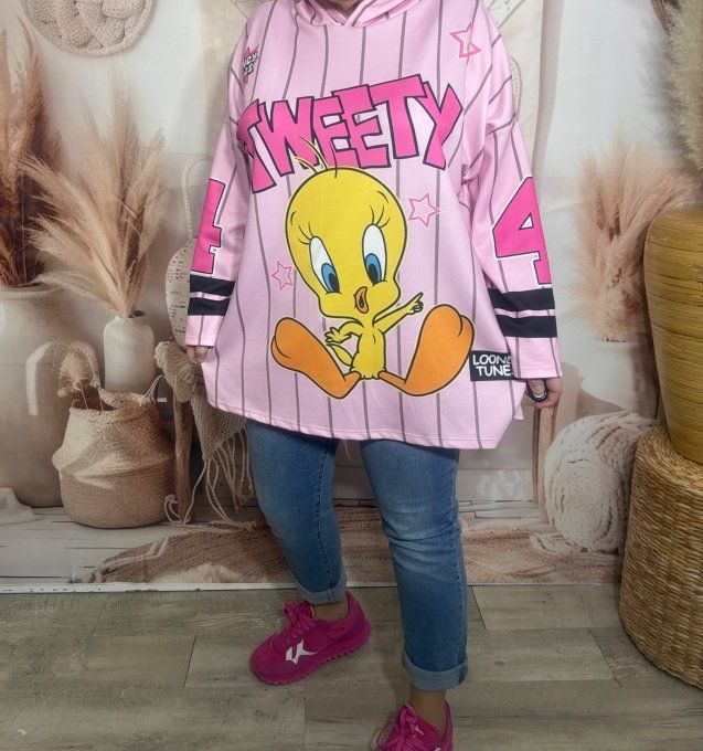 Sweat à capuche ample rose bébé rayé Tweety US Looney Tunes du 40 au 52/54