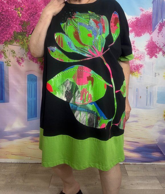 Robe courte oversize noire & verte Fly Out Fleurs tropicales Strass argentés du 42 au 52/54