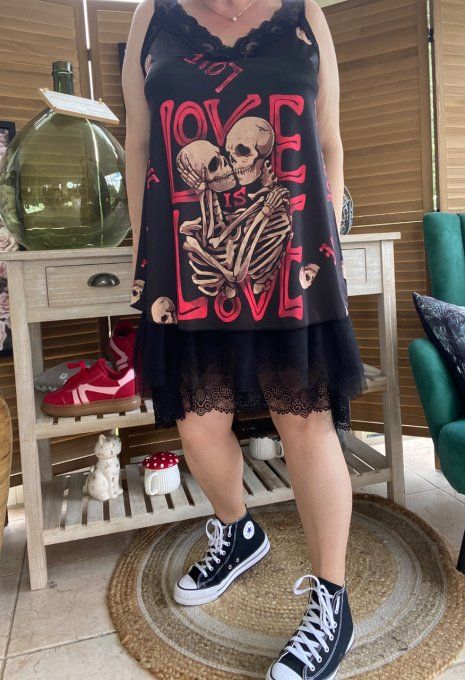 Caraco Débardeur Top trapèze satiné mat & dentelle Skulls in Love Skeleton du 40 au 52 