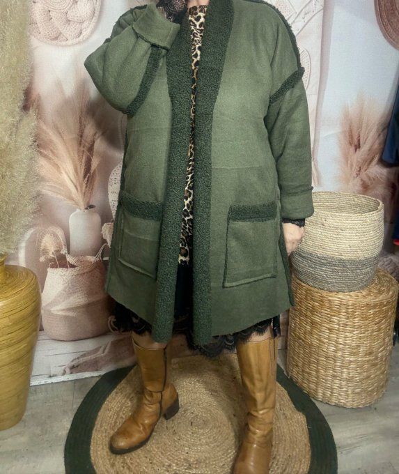 Veste mi-longue suédine Kaki doublée moumoute Sherpa du 40 au 48/50 et même +