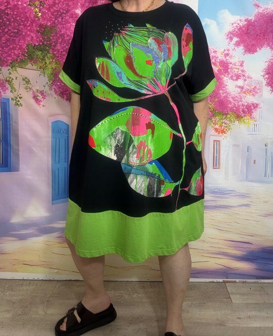 Robe courte oversize noire & verte Fly Out Fleurs tropicales Strass argentés du 42 au 52/54