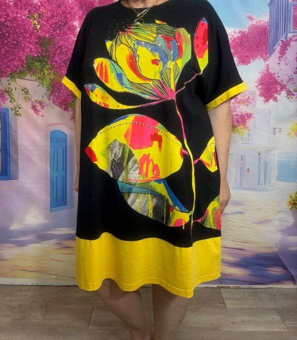 Robe courte oversize noire & jaune Fly Out Fleurs tropicales Strass argentés du 42 au 52/54